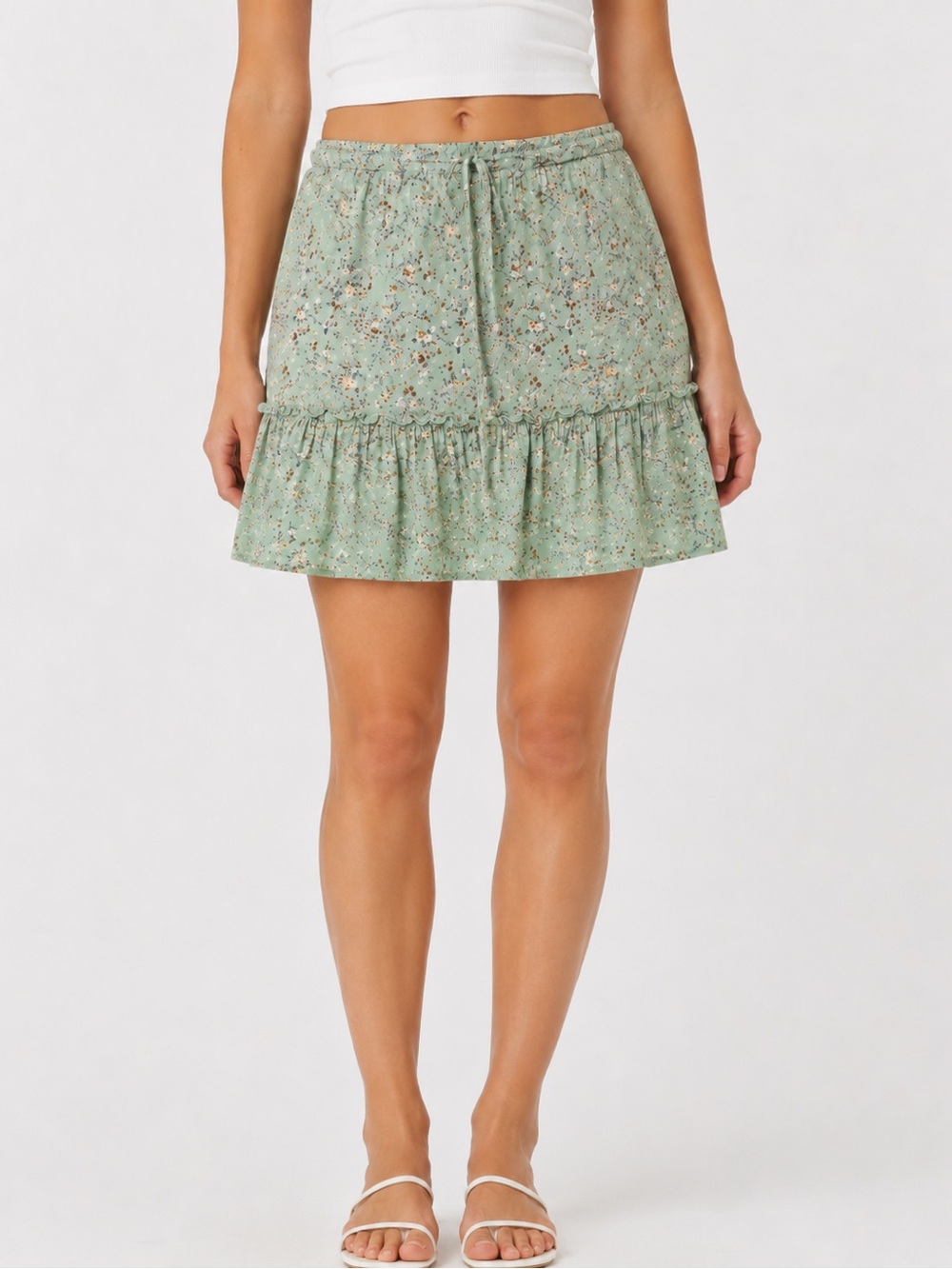 Brandy Melville Sage Green Floral Ruffle Mini Skirt Viscose One Size Small